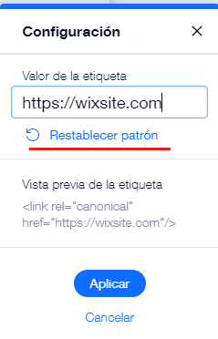 reset wix canonical tag